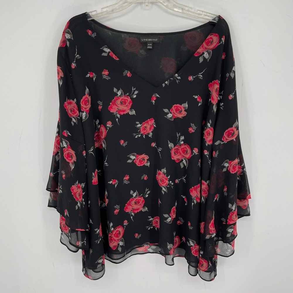 Lane Bryant Women's Black Floral V-Neck Bell Sleeve Chiffon Blouse Size 26-28
